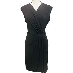 Michael Kors Black Faux Wrap Dress Sz M Cap Sleeve Sheath Knee Length
